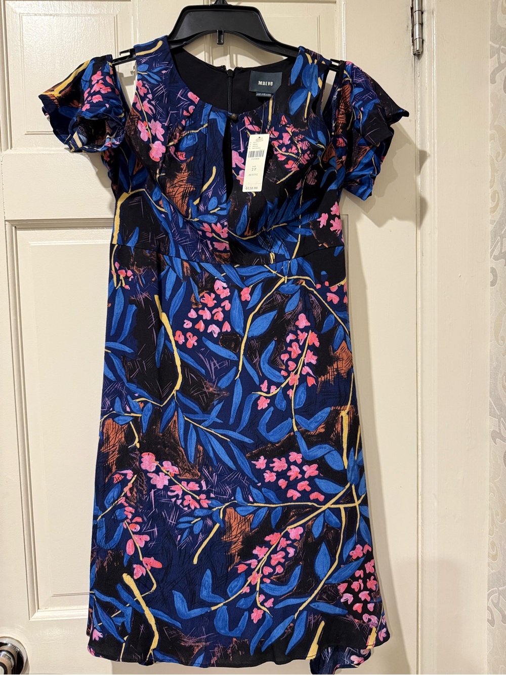 Maeve by Anthropology Floral Print Blue & Pink Cold-Shoulder Dress
